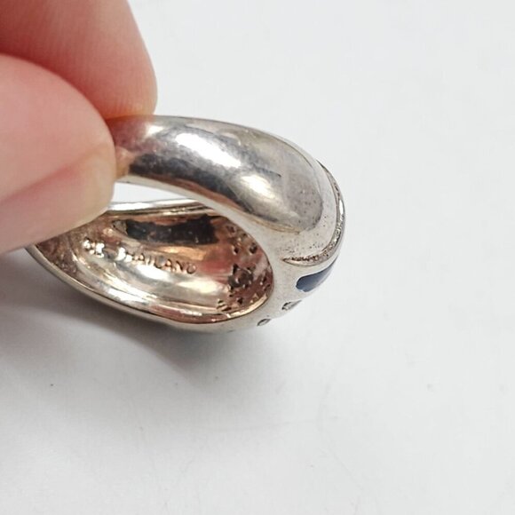 Sterling Silver Blue Enamel Clear Rhinestone Ring With Striped Design Size 6 - Picture 5 of 8